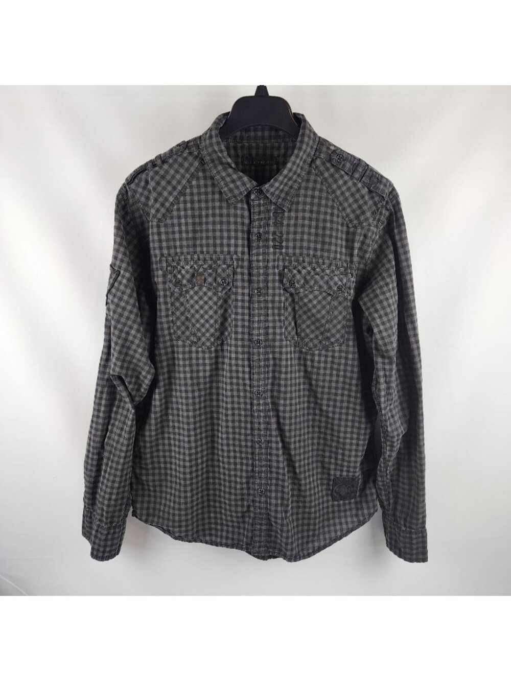 Affliction Shirt Mens XL Black Premium Black Gray Plaid L/S Button Down Skull